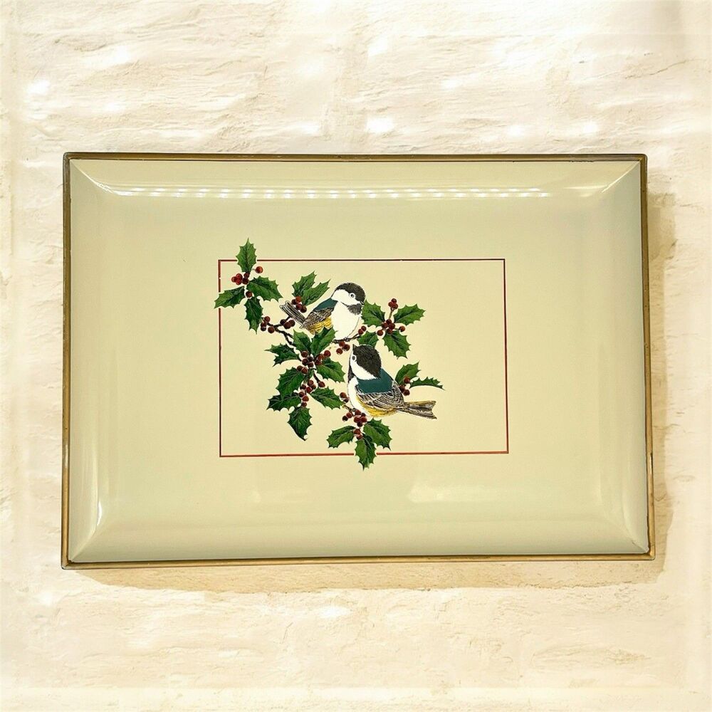 VTG Otagiri Japan Chickadees Lacquerware Serving Tray Holly Bird Christmas Plate